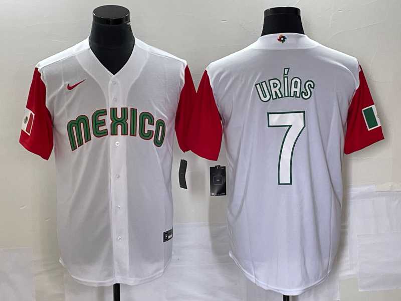 Men%27s Mexico Baseball #7 Julio Urias Number 2023 White Red World Classic Stitched Jersey 38